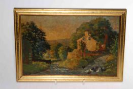 Small oil on board of country lane with hens and cottage, noted verso Fred C.