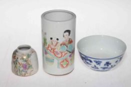 Chinese polychrome brush pot and brush washer, and blue and white bowl (3).