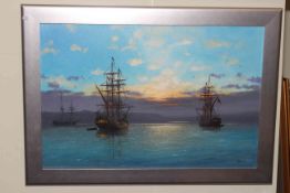 Les Jason Spence, Three Ships on a Moonlit Sea, oil on canvas, signed lower right, 50cm by 75cm,