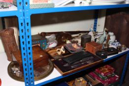 Victorian sewing box, Oriental ginger jar with lid, mantel clock, metalwares, walking canes, etc.