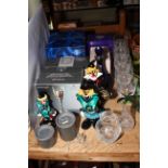 Boxed crystal glasses, three coloured glass clowns, ERII decanter, etc.
