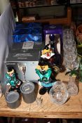 Boxed crystal glasses, three coloured glass clowns, ERII decanter, etc.