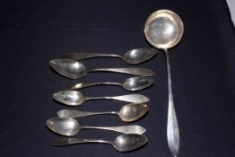 Collection of Continental antique silver, ladle and seven tablespoons.