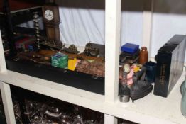 Miniature longcase clock, vintage soft toys, folding ruler, BCE Alex Higgins snooker cue and case,