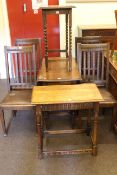 Oak gate leg dining table, set of four oak dining chairs and two oak occasional tables (7).