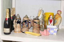 Five bottles of Moet & Chandon champagne, three steins, bird and glass vases, Masons bowl,