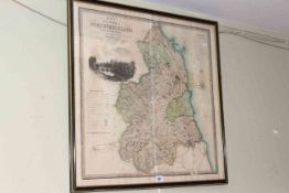 19th Century coloured map print of Northumberland in glazed frame, 69cm by 70.5cm overall.