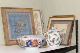 Four chinoiserie embroidered and watercolour pictures, jar and cover, antique bowl.