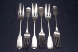 Set of six 19th Century Scottish silver fiddle pattern table forks, maker P.W, Glasgow 1856.