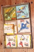 Collection of seven Dinky model aircraft including Spitfire MKII, Hawker Hurricane MK11c,