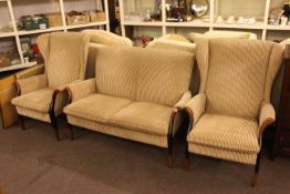 Parker Knoll two seater three piece lounge suite in striped fabric.