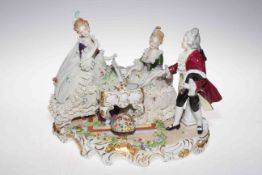 Unterweissbach lace figure group with gallant and maidens by pianoforte, 31cm across, 25cm high.