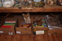 Three boxes of annuals, fox taxidermy and sheepskin coat.