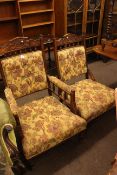 Pair late Victorian ladies and gents chairs with carved top rails.