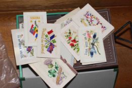 Collection of postcards including twelve embroidered silk military silks,