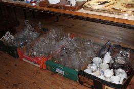 Four boxes of mostly glassware including crystal table lamp, decanter, etc.