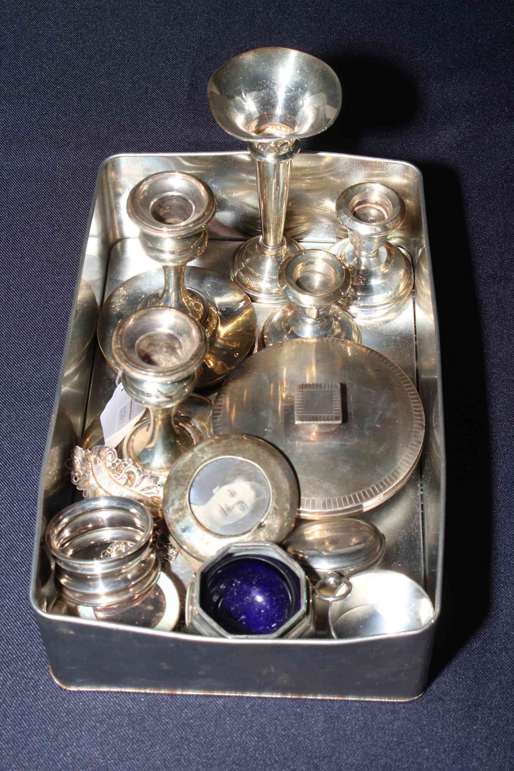 Box of fourteen small silver items including Victorian pocket watch, engine-turned powder bowl,