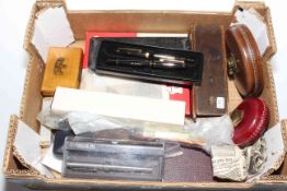 Box of collectables including pens, cufflinks, dominoes, etc.