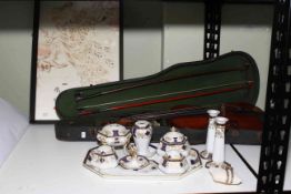 Antique violin in case with two bows, Noritake dressing table set,