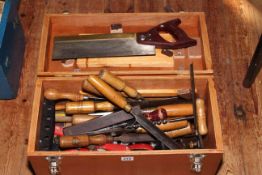 Two tool boxes and tools including chisels, planes, calipers, spanners, etc.