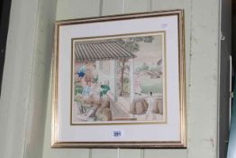 Framed Chinese watercolour 'The Tea Pickers', 22cm by 24.5cm.