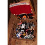 Box of Action Man and other figures, and puppet theatre stage.