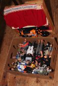 Box of Action Man and other figures, and puppet theatre stage.