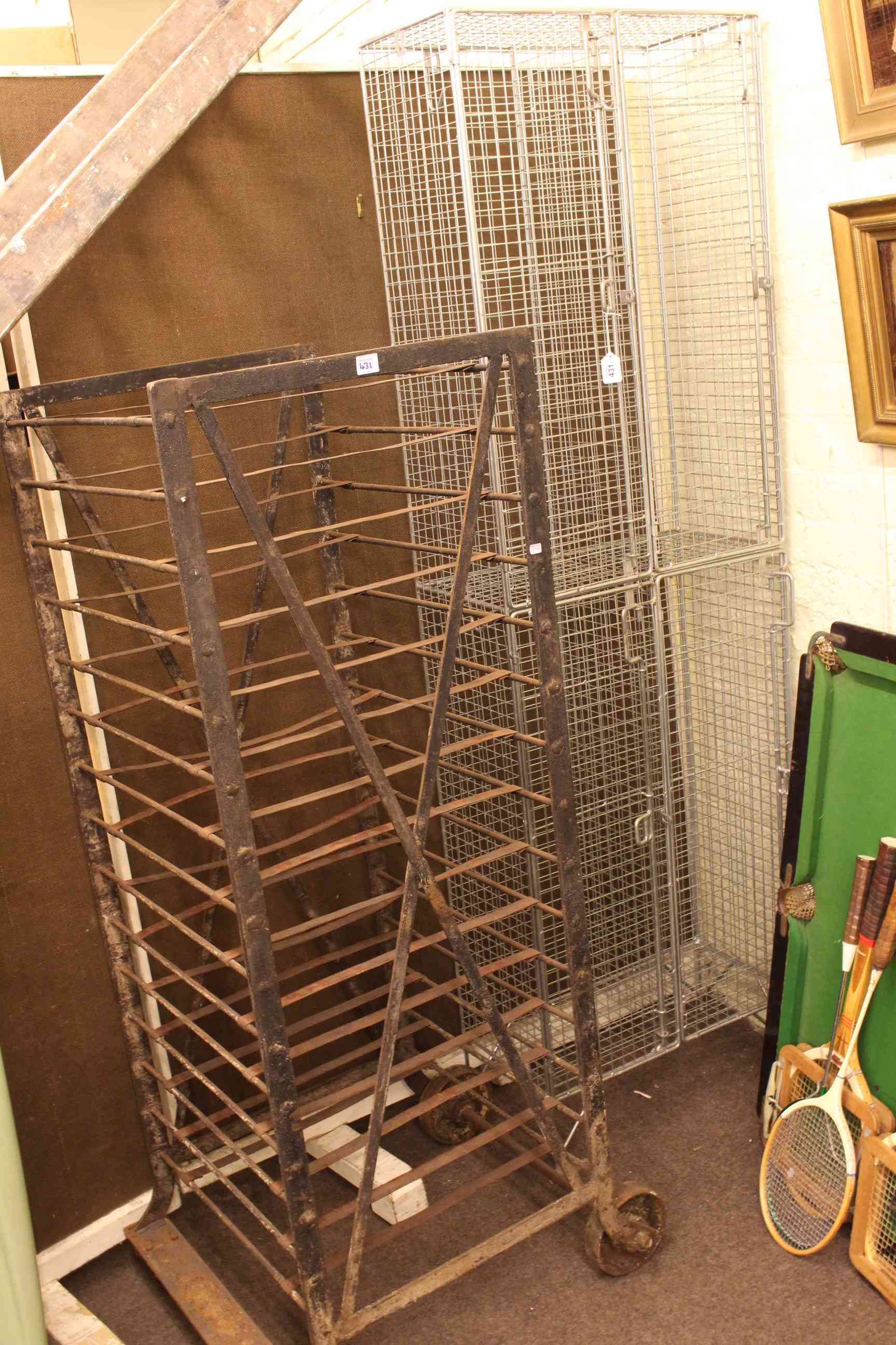 Vintage four compartment wire locker unit 198cm by 60cm and early 20th Century portable bakers oven