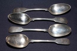 Two pair 19th Century silver fiddle pattern tablespoons, Mary Chawner London 1838, and Reid & Son,