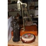 Brass and copper balance scales, resin sculpture and footstool (3).