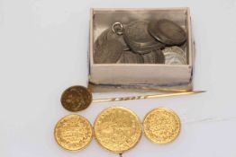 Gold Turkish three coin brooch and coil stock pin, together with collection of silver 3 pences.