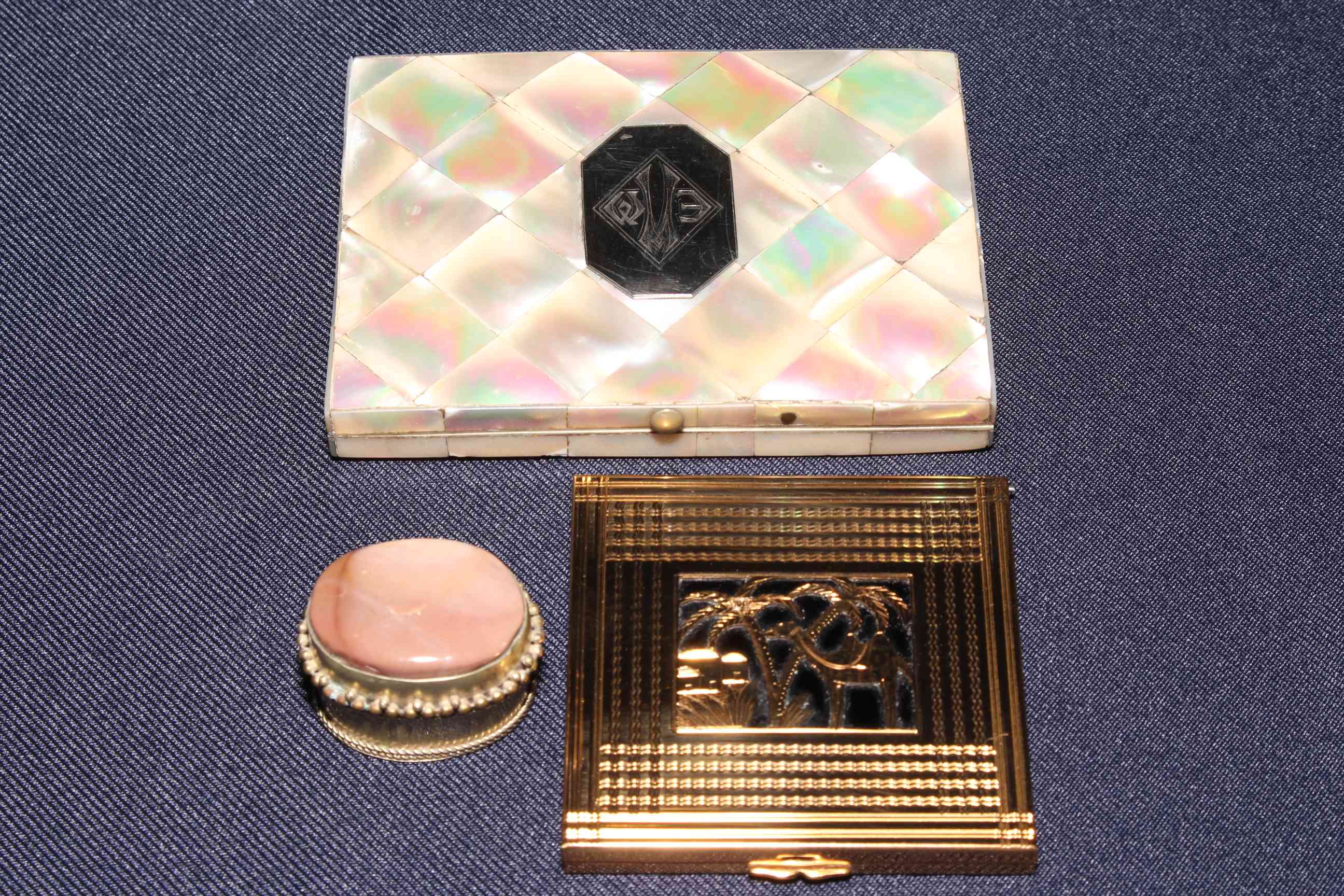 Silver mounted scent bottle, Birmingham 1895, silver topped bottle, mother of pearl card case, - Image 2 of 2