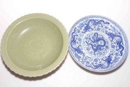 Blue and white dragon Oriental plate and a green Chinese bowl.