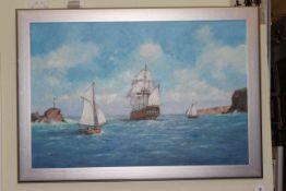 Les Jason Spence, Ship and Two Boats in Choppy Waters, oil on canvas, signed lower right,