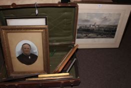 Framed Durham print, pair maple framed photo's, pictures, prints and vintage trunk.