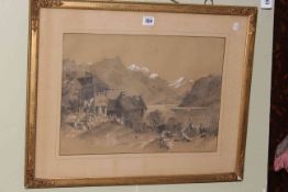 Gilt framed sketch of an Oriental landscape with figures in the foreground, signed lower right,