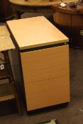 Contemporary beech finish and metal two drawer filing cabinet, 73cm by 43cm by 80cm.