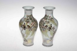 Pair of Chinese 'birds on branch' baluster vases, 23cm.