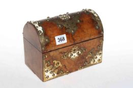 Victorian walnut and brass mounted domed top stationery box, 15cm by 19cm.