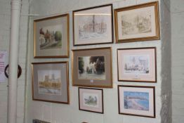 Four framed watercolours including Durham Cathedral, four prints and barometer.