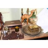 Two table lamps, Indian brass trays, leather camel, wood carving, photograph frame, cutlery, etc.