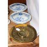 Victorian brass low tazza and pair Delft tureens.