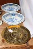 Victorian brass low tazza and pair Delft tureens.