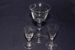 Antique glass sweetmeat glass, 18cm, and two wine glasses,