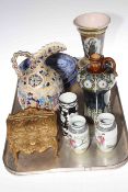 Tray lot with Mettlach Aesthetic vase, Doulton Lambeth flagon, gilt jewellery casket,