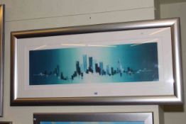 Bob Barker, City Skyline, contemporary gouache, signed lower left, 27cm by 97cm, in glazed frame.