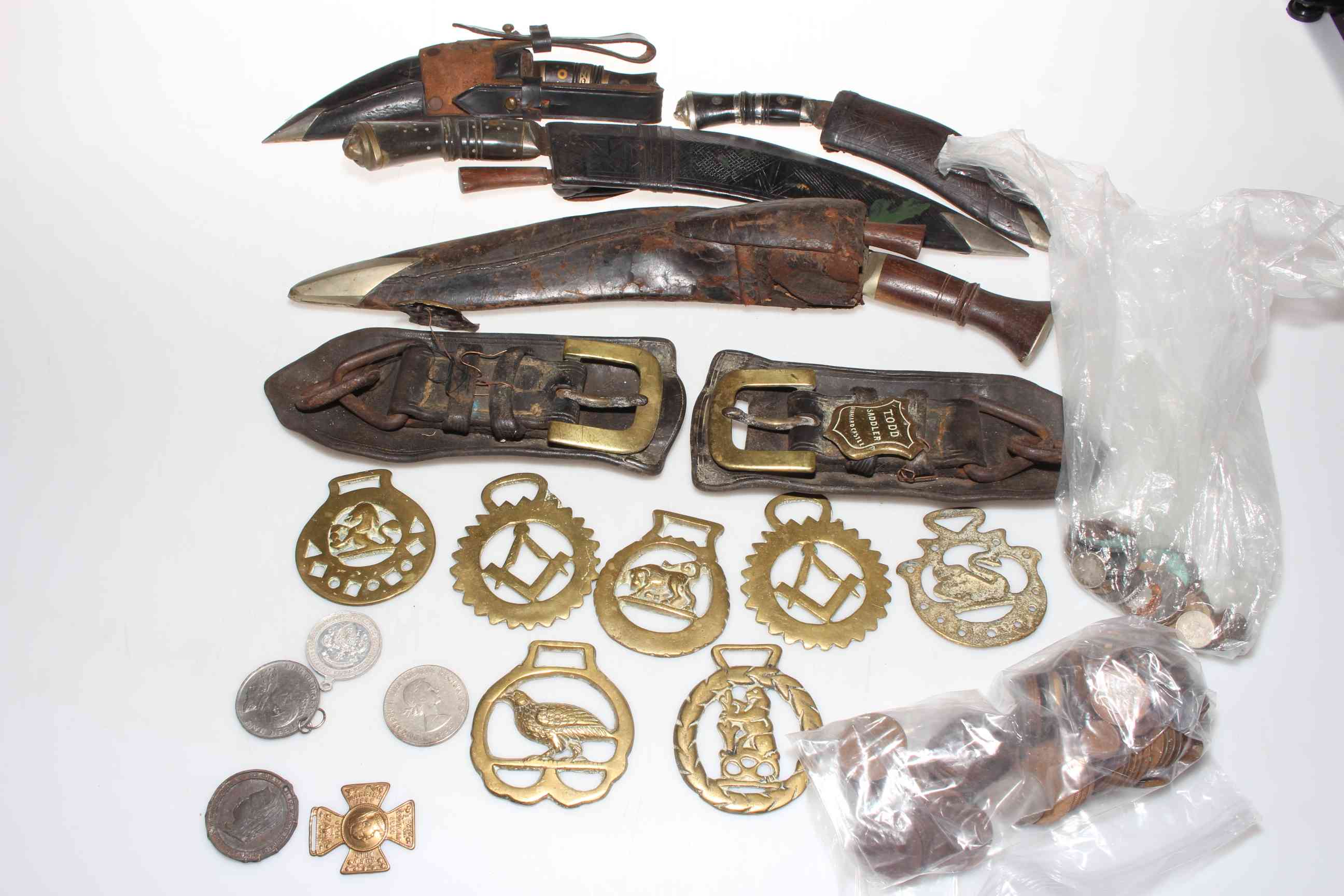 Gurkha weapons, Todd Saddler Barnard Castle horsebrasses, coins, medallions, etc.