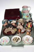 Tray lot with decorative pieces including pair Radford jugs,