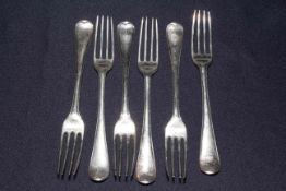 Set of six George III silver Old English pattern table forks, maker John Lambert, London,