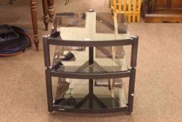 Atacama tinted glass three tier hi-fi stand, 60cm by 59cm by 56cm.